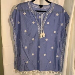 J.Crew Blue and White Embroidered Indian Cotton Beach Coverup Tunic size Large